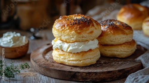 Cream-filled pastries arranged on a wooden board with soft lighting in a cozy...