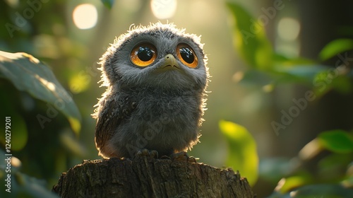 Cute baby owl perched on a tree stump in a sunlit forest setting during early...