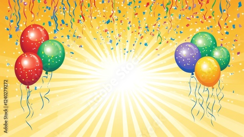 Colorful balloons and confetti celebrate a joyful occasion with bright rays o...