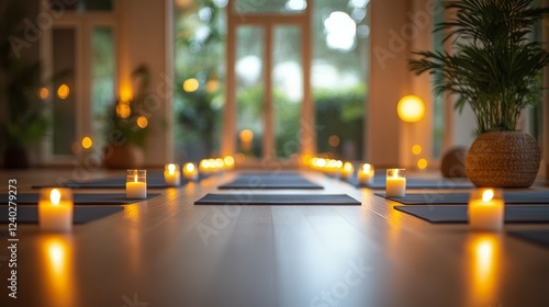 Serene yoga studio ambiance with glowing candles and peaceful atmosphere in t...