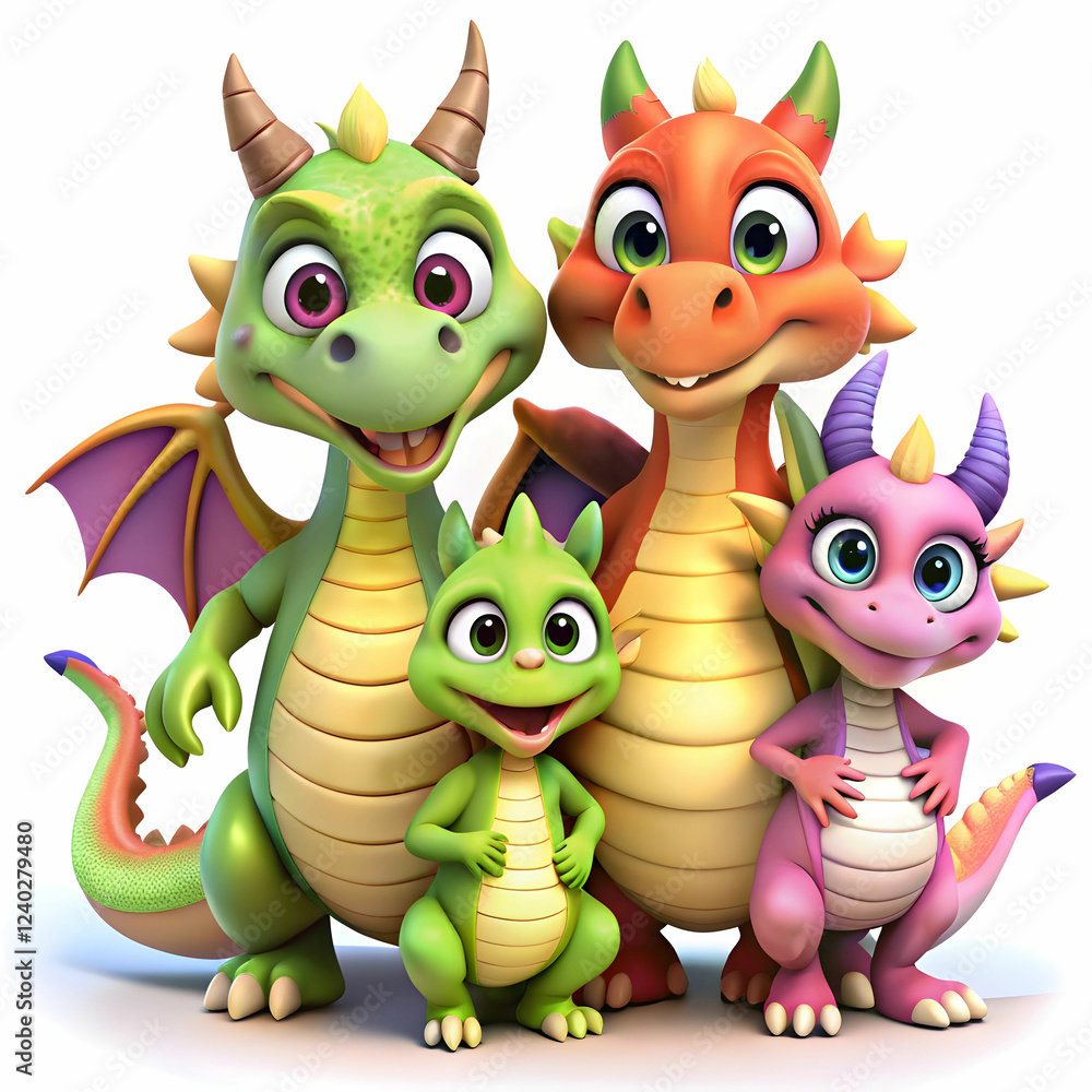 Obraz premium Adorable 3D Cartoon Dragon Family Clipart for Sublimation