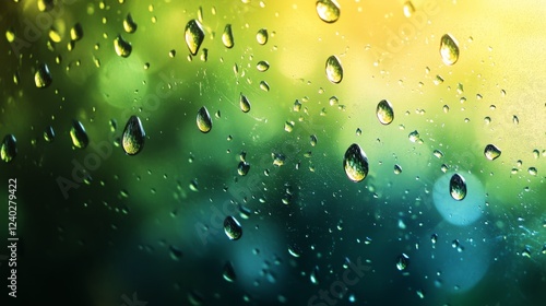Droplets of water on glass with vibrant green background capturing the essenc...