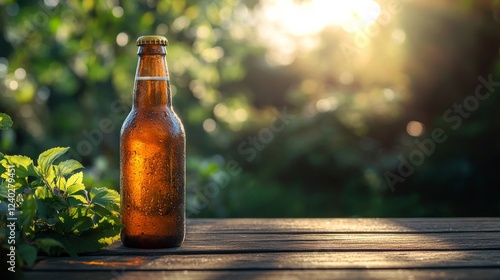 Sunlit amber bottle rests on wooden table in serene green garden setting