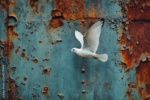 White dove soaring against a weathered blue metal backdrop in natural light