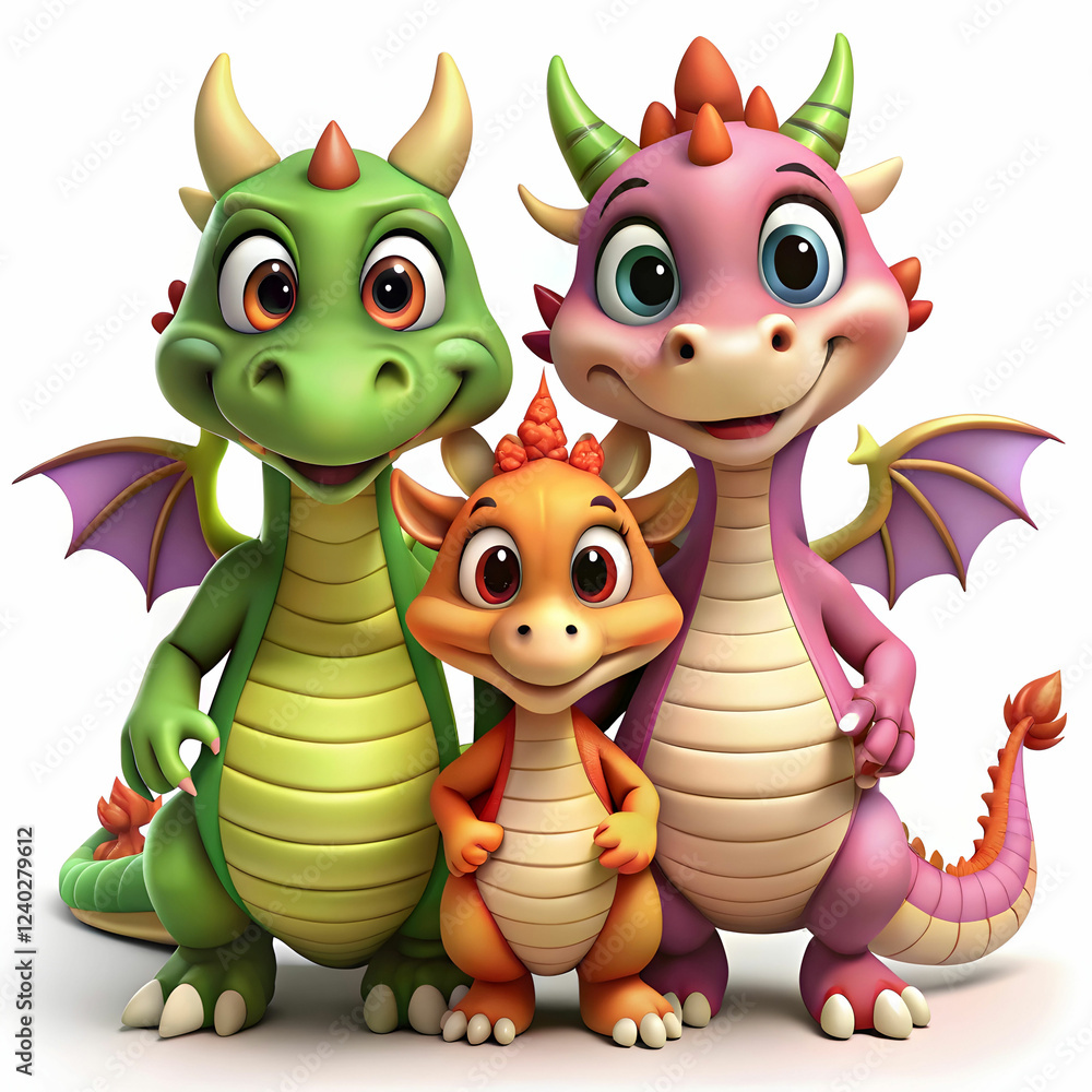 Naklejka premium Adorable 3D Cartoon Dragon Family Clipart for Sublimation