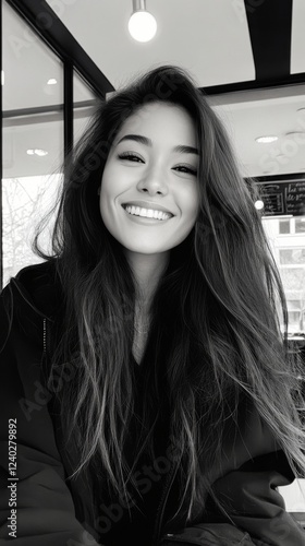 Joyful young woman smiling outdoors with wind-swept hair on a cloudy day