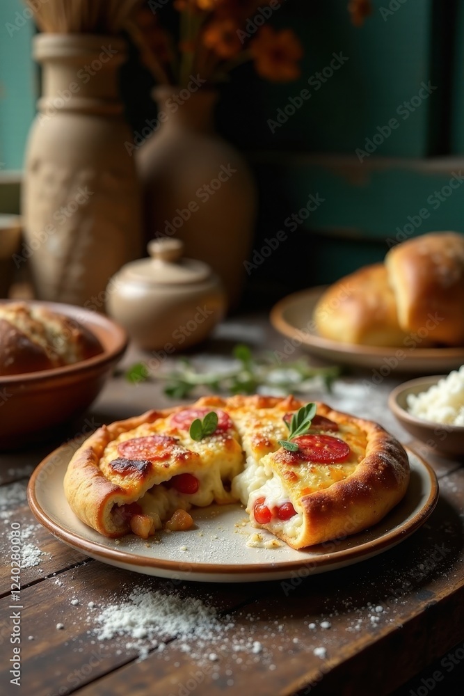 Delicious Baked Pizza with Melted Cheese and Tomato Topping, Served on Rustic Wooden Table Delicious Baked Pizza with Melted Cheese and Tomato Topping, Served on Rustic Wooden Table