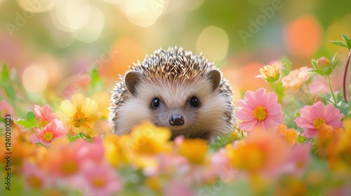 Cute hedgehog exploring a colorful flower garden during a sunny afternoon