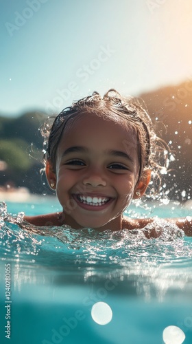 Joyful girl smiling while swimming in clear blue water on a sunny day