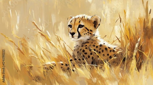 Cheetah cub resting in tall grass during golden hour in the savanna landscape