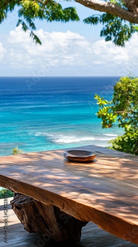 Relaxing wooden table with a view of the turquoise ocean under a clear blue sky