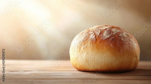 Freshly baked round bread loaf on wooden surface with soft lighting in kitchen