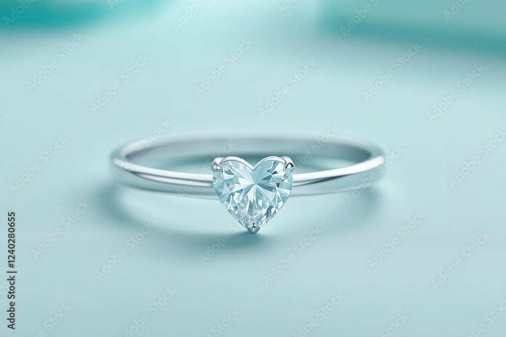 Silver ring with a heart-shaped diamond gemstone on a soft turquoise background. Elegance and romantic proposal concept Silver ring with a heart-shaped diamond gemstone on a soft turquoise background. Elegance and romantic proposal concept