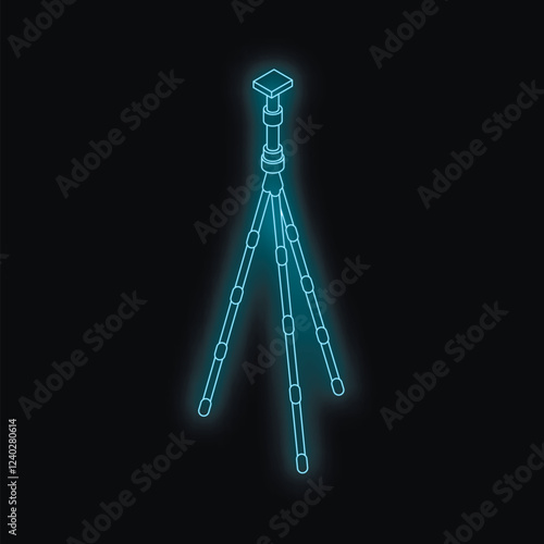 Glowing neon blue tripod standing on a dark background, creating a futuristic and minimalist visual