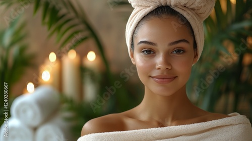 Relaxing moment at a spa with a young woman in a towel and a head wrap