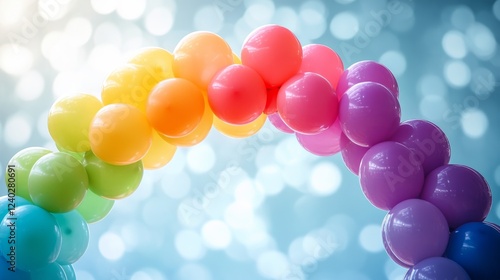 Colorful balloon arch decorates festive celebration with bright hues and chee...