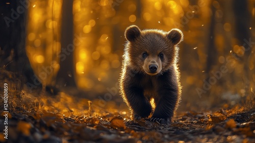 Brown bear cub exploring a sunlit forest path during autumn, surrounded by le...