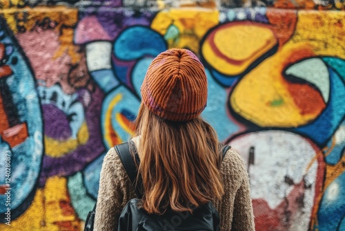 Colorful graffiti wall in urban setting inspires creativity in young traveler...
