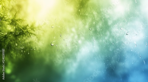 Droplets of water on glass with vibrant green background capturing the essenc...