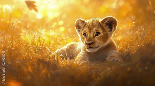 Young lion cub basking in golden sunlight amidst sparkling grass at twilight