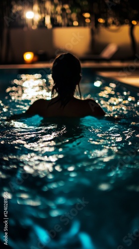 Silhouetted figure enjoying a tranquil evening swim in illuminated water