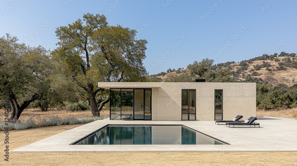 Fototapeta premium Modern Minimalist House with Infinity Pool and Stunning Landscape