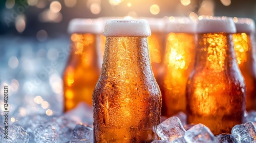 Chilled bottles of beer on ice with sunlight shining through in a warm outdoo...