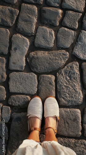Young woman standing on cobblestone street wearing light shoes during daytime