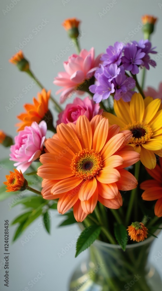 Vibrant floral arrangement in a glass vase, showcasing a spectrum of colors and delicate petals, a delightful bouquet of summer blooms Vibrant floral arrangement in a glass vase, showcasing a spectrum of colors and delicate petals, a delightful bouquet of summer blooms