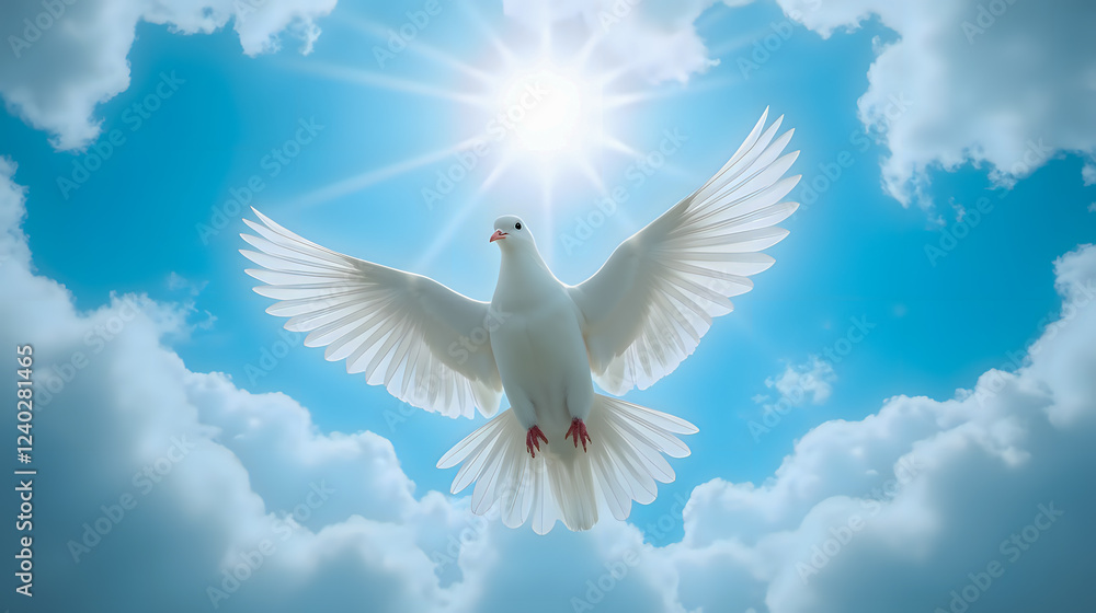 Fototapeta premium Majestic White Dove in Flight Against a Bright Sky Surrounded by Fluffy Clouds and Radiant Sunlight