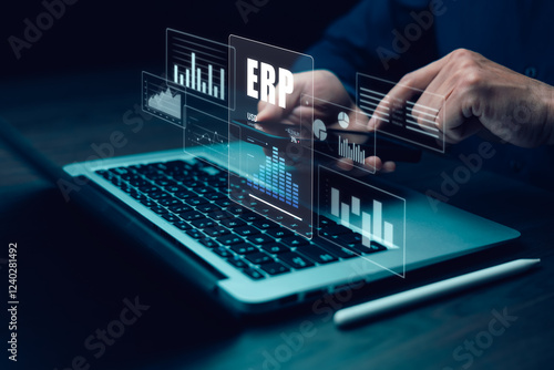 Business people using a laptop with document management for ERP. Enterprise resource planning concept,Enterprise Resource Management ERP software system for business resources plan presented.