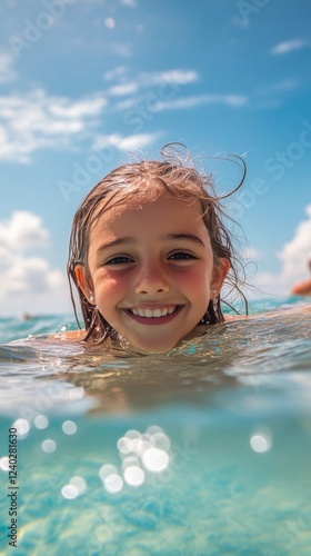 Joyful girl smiling while swimming in clear blue water on a sunny day