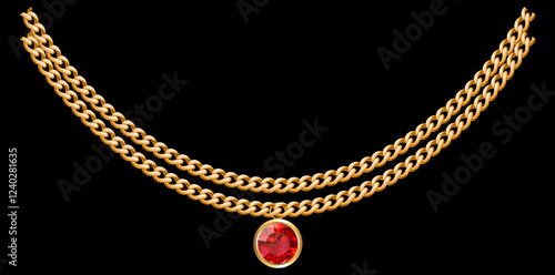 Layered Gold Chain Necklace On Black Background, Unique Fine Jewelry Vector Illustration.	
