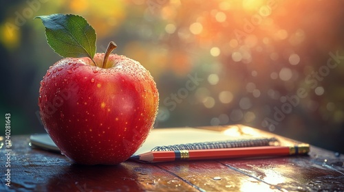 Fresh red apple with water droplets on notebook near window in bright natural...