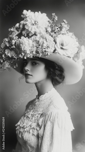 Elegant woman wearing a floral hat posing gracefully in a soft pastel setting