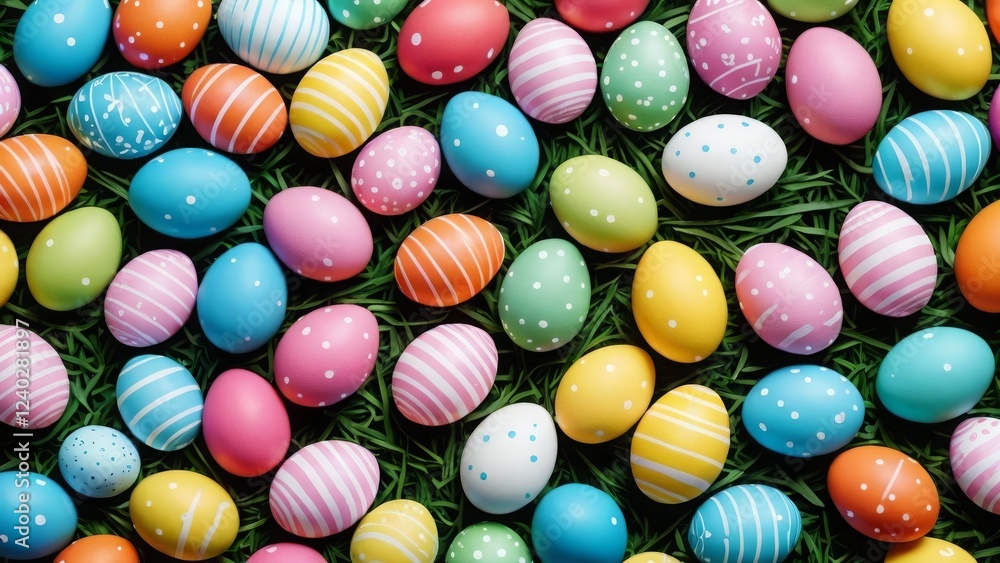 Fototapeta premium Vibrant Easter eggs with diverse patterns scattered on green grass