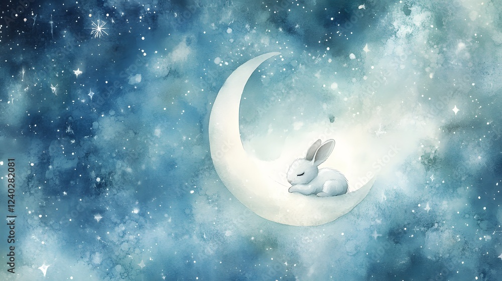 A Peaceful Bunny Sleeps Upon A Crescent Moon In The Night Sky A Peaceful Bunny Sleeps Upon A Crescent Moon In The Night Sky