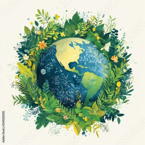 Earth surrounded by vibrant foliage representing nature and environmental har...