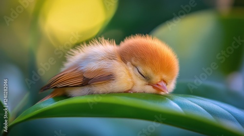 Small yellow bird perched on green leaves in a sunny environment during sprin...