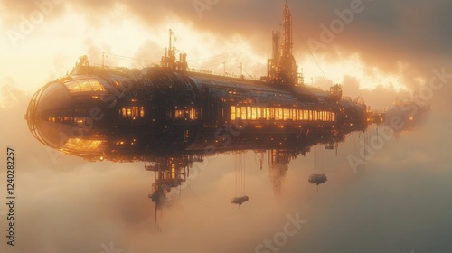Floating structure glows at sunset near the coast in misty atmosphere
