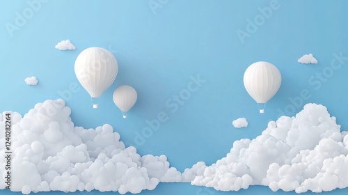 White hot air balloons floating above fluffy clouds in a blue sky setting