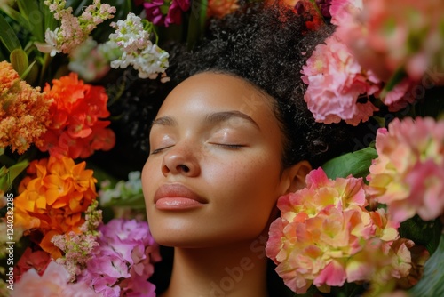 Woman surrounded by vibrant flowers in a serene moment of relaxation during a...
