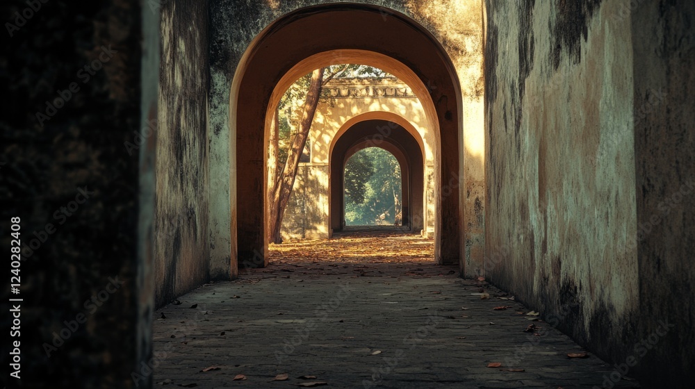Obraz premium Sunlit arches form a pattern of light and shadow, inviting exploration through a passage lined with trees and distant greenery.