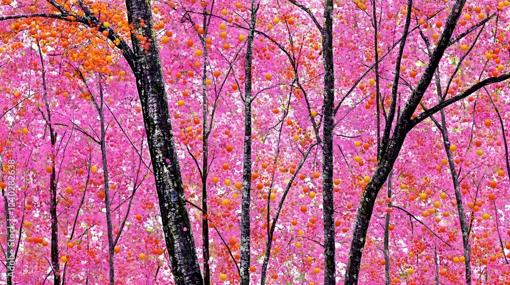 Vibrant Pink Forest with Orange Fruit Abstract Art Vibrant Pink Forest with Orange Fruit Abstract Art
