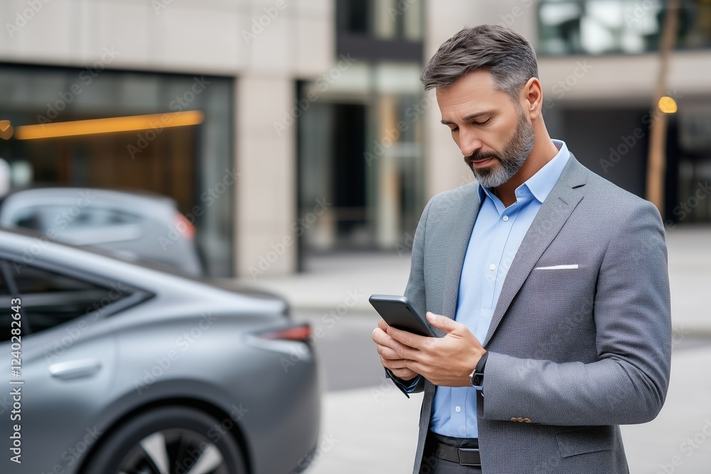Businessman with beard using a smartphone near a car in a modern cityscape. Concept of technology, communication, and professional lifestyle. Businessman with beard using a smartphone near a car in a modern cityscape. Concept of technology, communication, and professional lifestyle.