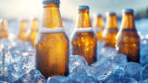 Chilled bottles of beer on ice with sunlight shining through in a warm outdoo...