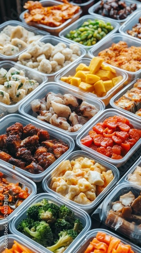 Colorful assortment of fresh ingredients displayed in containers at a market