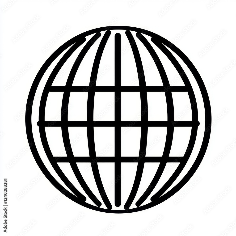 Black and White Globe Illustration with Grid Lines Ideal for Global Connectivity and Geographical Representation Black and White Globe Illustration with Grid Lines Ideal for Global Connectivity and Geographical Representation