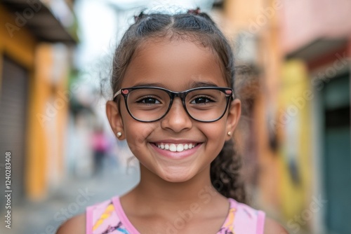 Girl with glasses smiles brightly while enjoying a sunny day outdoors