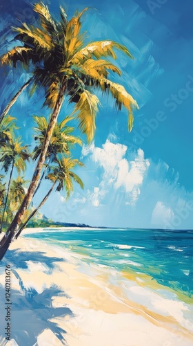 Vibrant tropical beach with palm trees and clear blue sky in a peaceful coast...